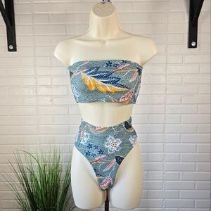 Amazon Sage Green Tropical Floral Print Bandeau Bikini Set size Medium